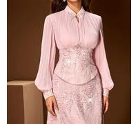 Ensemble de 2 pièces robe col polo pour femmes, avec jupe plissée décorée de sequins brodés et Top à manches longues taille haute élégant L,M,S,XLPlantesTissu tissé