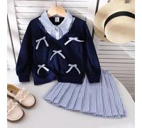 Ensemble de 2 pièces style décontracté d'académie pour jeunes filles, comprenant un sweat-shirt à manches longues avec nœud papillon à rayures et une couleur unie, ainsi qu'une mini-jupe plissée à ray