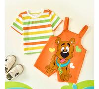 Ensemble de 2 pièces : T-shirt à manches courtes décontracté avec rayures colorées et mignon pour bébé garçon, salopette à motif de dessin animé orange ludique 6-9M,9-12M,12-18M,18-24M,2-3YAnimal,Cart