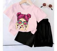 Ensemble de 2 pièces T-shirt à manches courtes et short imprimé mignon et cool pour bébé fille, confortable pour une tenue quotidienne d'été 6-9M,9-12M,12-18M,18-24M,2-3YCartoon,PortraitTissu tricoté