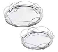 Ensemble de 2 Plateaux Ronds en métal argenté et Miroir 46 x 8 cm et 38 x 9 cm