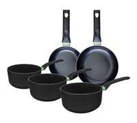 Fackelmann 9430550 Ensemble de 2 poêles de 16 et 20 cm et 3 casseroles 16, 18 et 20 cm, revêtement céramique antiadhésif, sans PFAS, tous feux, induction, four, Aluminium, Noir, Vert