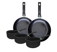 Fackelmann 9430850 Ensemble de 2 poêles de 28 et 30 cm et 3 casseroles 16, 18 et 20 cm, revêtement céramique antiadhésif, sans PFAS, tous feux, induction, four, Aluminium, Noir, Vert, 16, 18 et 20 cm