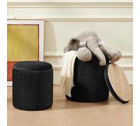 Ensemble de 2 poufs ronds avec rangement, tabourets de maquillage multifonctions en velours rembourré, supportant 136 kg, table basse moderne for salon, chambre à coucher et salle à manger(Black)