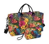 Ensemble de 2 sacs fourre-tout décoratifs à porter à l'épaule avec sac de toilette pour voyage en avion Motif perroquet Rouge et bleu