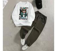 Ensemble de 2 Sweat-shirt à capuche blancs à la mode associés à un pantalon vert olive, tenue élégante pour garçon préadolescent. Le sweat-shirt à capuche présente un imprimé placement vert, un tissu