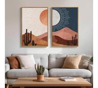 Ensemble de 2 tableaux bohèmes désertiques, œuvre d'art représentant un paysage de cactus avec soleil et lune, impressions bohèmes modernes du milieu du siècle, (40 x 60 cm x 2 / cadre intérieur)