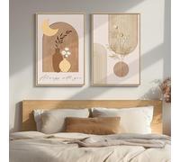 Ensemble de 2 tableaux bohèmes neutres, impressions sur toile beiges représentant un vase botanique et la lune, décoration intérieure minimaliste et moderne (60 x 80 cm x 2 / cadre intérieur)