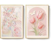 Ensemble de 2 tableaux muraux modernes bohèmes à motifs floraux roses pour chambre à coucher, impressions sur toile abstraites de tulipes, décoration pour salon (60 x 90 cm x 2 / cadre intérieur)