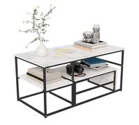 Ensemble de 2 Tables Basses carrées, Table de Salon modulable avec Rangement, Table d'appoint avec Pieds réglables, Aspect marbre, Structure en métal, Facile à Assembler (Noir+Blanc)