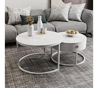 Ensemble de 2 tables basses gigognes modernes de 24 pouces, tables d'appoint rondes avec tiroir de rangement, finition en marbre et base en métal pour les petits espaces, décoration de salon