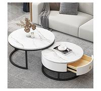 Ensemble de 2 tables basses rondes avec tiroirs, ensemble de tables d'appoint de salon, table basse de salon avec texture ardoise-marbre, cadre en métal, table à thé moderne pour chambre à coucher, me