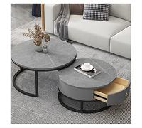 Ensemble de 2 tables basses rondes avec tiroirs, ensemble de tables d'appoint de salon, table basse de salon avec texture ardoise-marbre, cadre en métal, table à thé moderne pour chambre à coucher, me