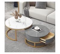 Ensemble de 2 tables basses rondes avec tiroirs, ensemble de tables d'appoint de salon, table basse de salon avec texture ardoise-marbre, cadre en métal, table à thé moderne pour chambre à coucher, me
