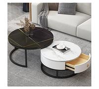 Ensemble de 2 tables basses rondes avec tiroirs, ensemble de tables d'appoint de salon, table basse de salon avec texture ardoise-marbre, cadre en métal, table à thé moderne pour chambre à coucher, me