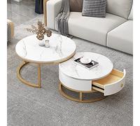 Ensemble de 2 Tables Basses Rondes, Ensemble de Tables d'appoint gigognes avec tiroir de Rangement, Table de canapé avec Cadre en métal à Texture marbre Ardoise, Table à thé Moderne pour déc