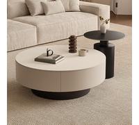 Ensemble De 2 Tables Basses Rondes Modernes Basses Gigognes, Table Basse de Salon avec 2 tiroirs en Bois Massif, Table d'appoint de Salon pour Salon, Chambre, Bureau, Petits Espaces(White+Black,70cm)