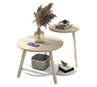 Ensemble de 2 tables basses rondes, tables basses gigognes avec table d'appoint en forme de C,chêne