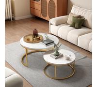 Ensemble de 2 tables basses rondes, tables gigognes pour le salon, table basse empilable avec plateau en MDF blanc et cadre en métal noir, idéale pour le salon À propos de cet article[Design compact]L