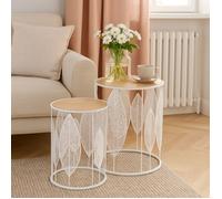 Ensemble de 2 tables FOLLA - tables basses rondes - plateau naturel, structure blanche
