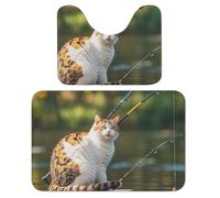Ensemble de 2 tapis de bain en velours corail motif chat pêcheur, 40 x 60 cm, antidérapants et absorbants, pour salle de bain, douche et cuisine. Tapis de bain doux en forme de U, séchage rapide, fa