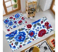 Ensemble De 2 Tapis De Cuisine Antidérapants Lavables Anti-Fatigue Bleu Indigo, Tapis Imprimé Fleurs Et Feuilles Ethniques Esthétique Végétale Pour Couloir Salle À Manger Entrée, 44X75Cm+44X120Cm