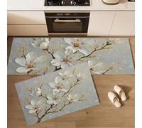 Ensemble De 2 Tapis De Cuisine Antidérapants Lavables Anti-Fatigue Gris, Tapis Imprimé Fleur Magnolia Feuille D'Or 3D Peinture L'Huile Texture Pour Couloir Salle À Manger Entrée, 50X80Cm+50X150Cm