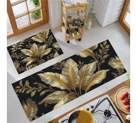 Ensemble De 2 Tapis De Cuisine Antidérapants Lavables Anti-Fatigue Or Noir, Tapis Imprimé Feuilles Bananier Luxueuses Plantes Tropicales Élégantes Pour Couloir Salle À Manger Entrée, 50X80Cm+50X150Cm
