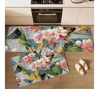Ensemble De 2 Tapis De Cuisine Antidérapants Lavables Anti-Fatigue Turquoise, Tapis Imprimé Fleurs Feuilles Tropicales En 3D Géométrie Exotique Pour Couloir Salle À Manger Entrée, 50X80Cm+50X150Cm
