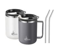 Ensemble de 2 tasses à café isothermes en acier inoxydable VEGOATY avec poignée et paille : tasses à café isothermes à double paroi de 430 ml avec poignée et curseur, tasses de camping réutilisables e