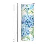 Ensemble de 2 tasses en acier inoxydable avec couvercle en paille de 590 ml - Bouteille d'eau isotherme à imprimé aquarelle d'hortensia, parfaite pour le sport, le bureau et la maison