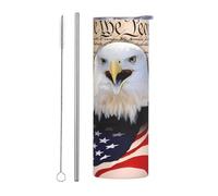 Ensemble de 2 tasses en acier inoxydable avec couvercle en paille de 590 ml - Motif aigle à tête blanche patriotique avec drapeau américain - Bouteille d'eau isotherme parfaite pour le sport, le