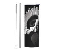 Ensemble de 2 tasses en acier inoxydable avec couvercle en paille de 591 ml - Bouteille d'eau isotherme à imprimé tournesol noir gris, parfaite pour le sport, le bureau et la maison
