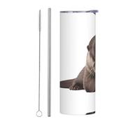 Ensemble de 2 tasses en acier inoxydable avec couvercle en paille de 591 ml - Bouteille d'eau isotherme avec imprimé loutre mignonne - Parfaite pour le sport, le bureau et la maison