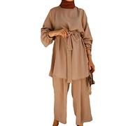 Ensemble de 2 tenues d'été musulmanes pour femme - Tunique à manches longues et ceinturée - Pantalon ample - Couleur unie - Caftan Dubai - Hijab - Pantalon large