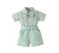 Ensemble de 2 tenues formelles pour nouveau-né garçon, barboteuse à carreaux avec nœud papillon + short à bretelles, vêtements d'été pour bébé (séance photo/baptême)