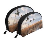 Ensemble de 2 trousses de maquillage en forme de coquillage avec imprimé canards sauvages volants - Organiseur de voyage élégant pour beauté et cadeaux pour femmes et filles, Canard sauvage volant de