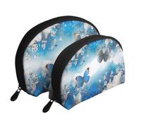 Ensemble de 2 trousses de maquillage en forme de coquillage avec imprimé chou lumineux - Organiseur de voyage élégant pour beauté et cadeaux pour femmes et filles, Papillons bleus et fleurs blanches