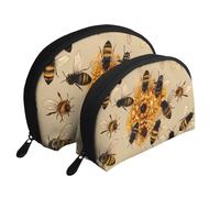 Ensemble de 2 trousses de maquillage en forme de coquillage avec imprimé crème glacée - Organiseur de voyage élégant pour beauté et cadeaux pour femmes et filles, Honey Bees., Taille unique, Trousse