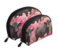 Ensemble de 2 trousses de maquillage en forme de coquillage avec imprimé pastèque rouge - Organiseur de voyage élégant pour beauté et cadeaux pour femmes et filles, Flower Show Steer Vaches Bovins