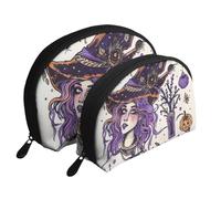 Ensemble de 2 trousses de maquillage en forme de coquillage avec motif drapeau pirate - Organiseur de voyage élégant pour beauté et cadeaux pour femmes et filles, Dessin de sorcière magique bohémien