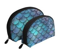 Ensemble de 2 trousses de maquillage en forme de coquillage avec motif drapeau pirate - Organiseur de voyage élégant pour beauté et cadeaux pour femmes et filles, Sirène écailles de poisson bleu