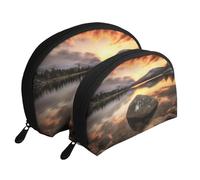 Ensemble de 2 trousses de maquillage en forme de coquillage avec motif tournesol - Sac de rangement portable pour femmes et filles, Rock and Lake Under Sunset, Taille unique, Trousse de maquillage