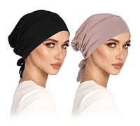 Ensemble de 2 Turbans pour Femmes sous-Capote Hijab Bonnet Slouch Classique en Couleur Unie avec Attache à Nouer. Idéal pour Les Femmes Musulmanes et islamiques, Ainsi Que pour Les de chimiothérapie