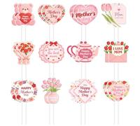Ensemble de 24 décorations pour cupcakes « Bonne fête des mères » : pics à cupcakes décorés de cœurs, de bouquets et d’oursons, en carton de qualité supérieure (non comestibles).