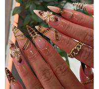 Ensemble de 24 faux ongles à coller : forme stiletto longue avec tourbillons de lait, pierres précieuses champagne, imprimé léopard sexy, accents de vagues dorées et chaînes de perles, et designs de f