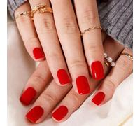 Ensemble de 24 faux ongles courts carrés rouges unis, couvrants, comprenant une lime à ongles et un ensemble de stickers de colle. Ce kit de manucure convient aux filles, aux mères et aux femmes. C'es