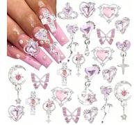 Ensemble de 24 pièces de décorations pour nail art rose, cœur en cristal de luxe 3D en alliage, étoile et lune argentées avec chaîne métallique à franges, accessoires pour ongles, fournitures pour ong
