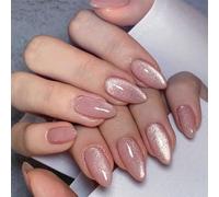 Ensemble de 24 pièces d'ongles en forme d'amande classique à la cannelle avec des étincelles de chat de couleur nue et hydratante pour un effet yeux de chat, plus 1 pièce tube de colle gelée et 1 pièc