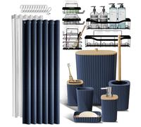 Ensemble de 25 Accessoires de Salle de Bain avec étagère de Douche pour Rangement de Salle de Bain, Ensemble de Rideau de Douche Bleu Marine, Brosse de Toilette, Poubelle, Distributeur de Savon,